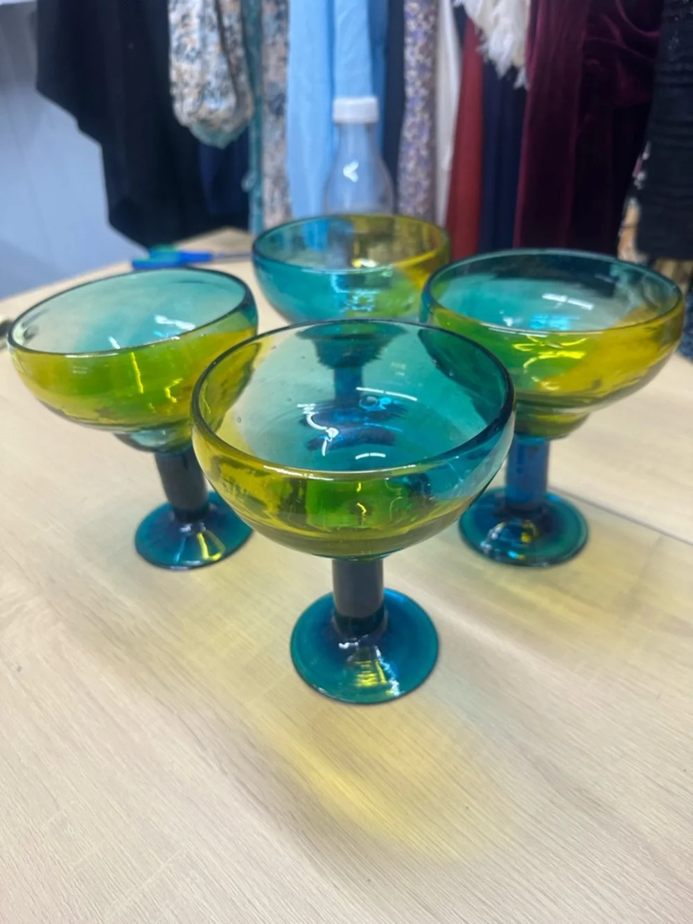 Crate & Barrel Salud Azul Blue, Green & Yellow Ombre Margarita Glasses Set 4